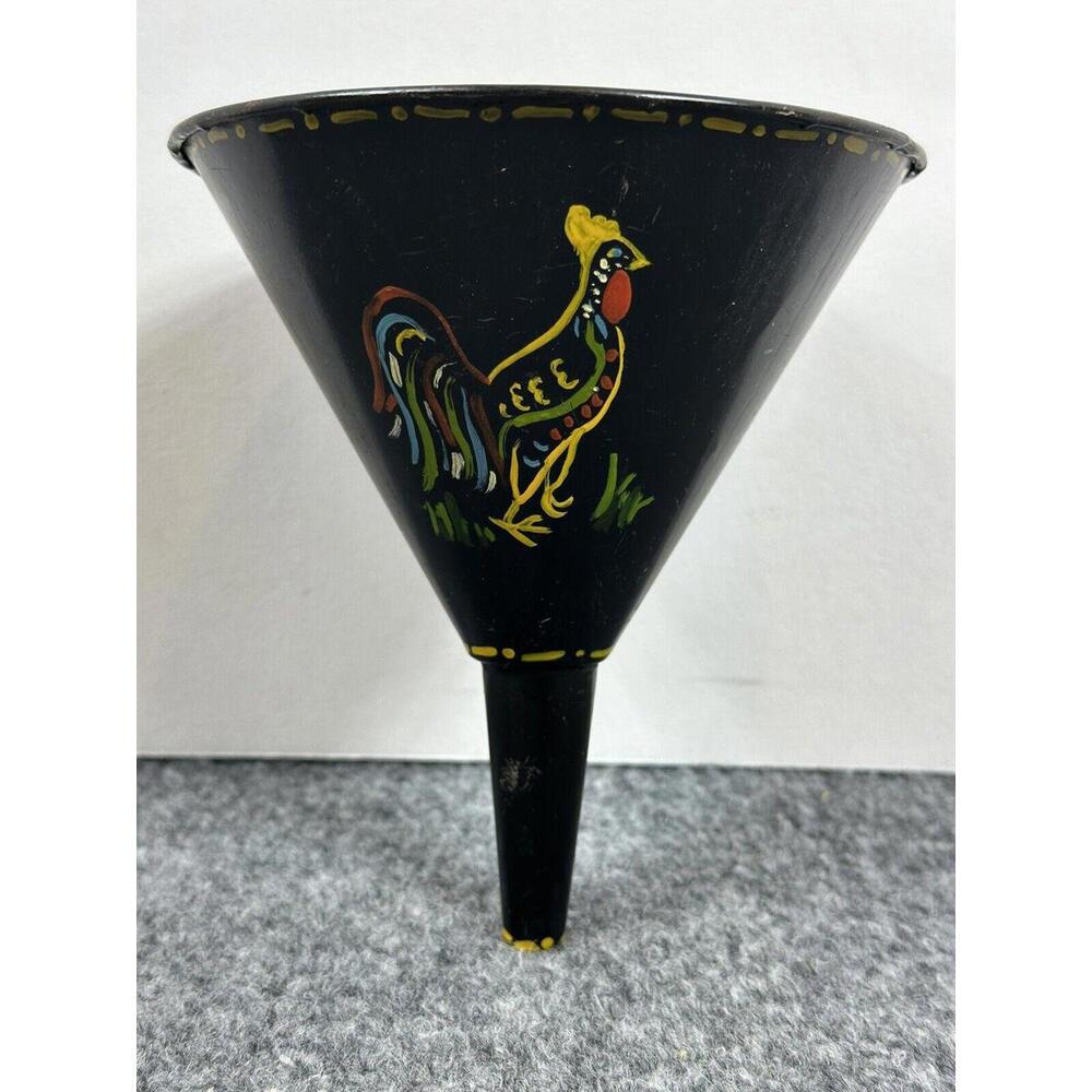 Vintage‎ Tole Style Hand Painted Black Metal Funnel Roster Chicken Rooster